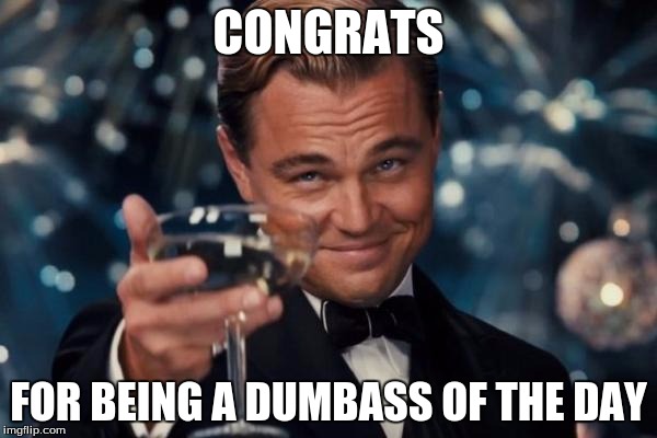 Leonardo Dicaprio Cheers | CONGRATS; FOR BEING A DUMBASS OF THE DAY | image tagged in memes,leonardo dicaprio cheers | made w/ Imgflip meme maker