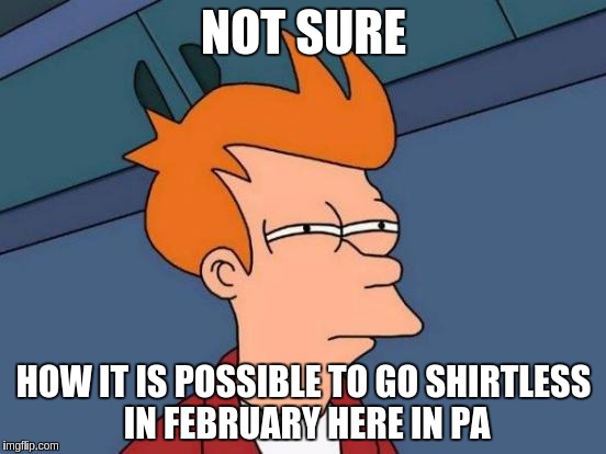 Futurama Fry | NOT SURE; HOW IT IS POSSIBLE TO GO SHIRTLESS IN FEBRUARY HERE IN PA | image tagged in memes,futurama fry | made w/ Imgflip meme maker