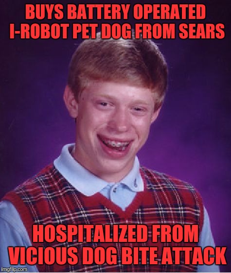 Bad Luck Brian | BUYS BATTERY OPERATED I-ROBOT PET DOG FROM SEARS; HOSPITALIZED FROM VICIOUS DOG BITE ATTACK | image tagged in memes,bad luck brian | made w/ Imgflip meme maker