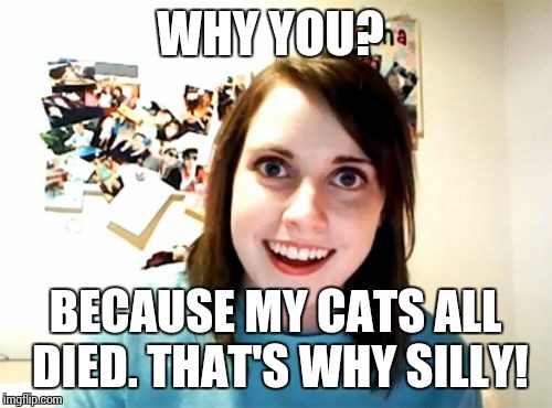 Overly Attached Girlfriend Meme | WHY YOU? BECAUSE MY CATS ALL DIED. THAT'S WHY SILLY! | image tagged in memes,overly attached girlfriend | made w/ Imgflip meme maker