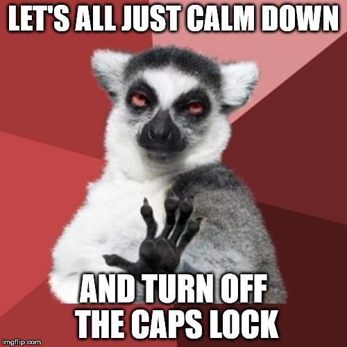 Chill Out Lemur | LET'S ALL JUST CALM DOWN; AND TURN OFF THE CAPS LOCK | image tagged in memes,chill out lemur | made w/ Imgflip meme maker