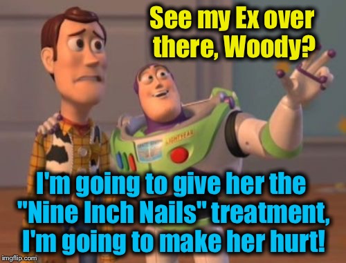 X, X Everywhere Meme | See my Ex over there, Woody? I'm going to give her the "Nine Inch Nails" treatment, I'm going to make her hurt! | image tagged in memes,x x everywhere | made w/ Imgflip meme maker