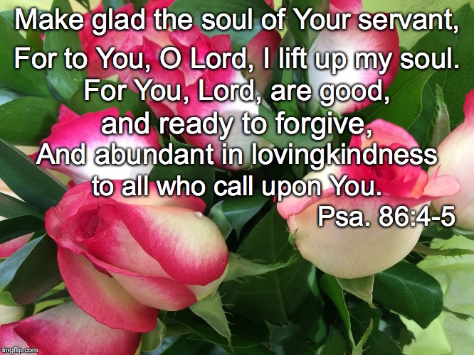Make glad the soul of Your servant, For to You, O Lord, I lift up my soul. For You, Lord, are good, and ready to forgive, And abundant in lovingkindness; to all who call upon You. Psa. 86:4-5 | image tagged in glad | made w/ Imgflip meme maker