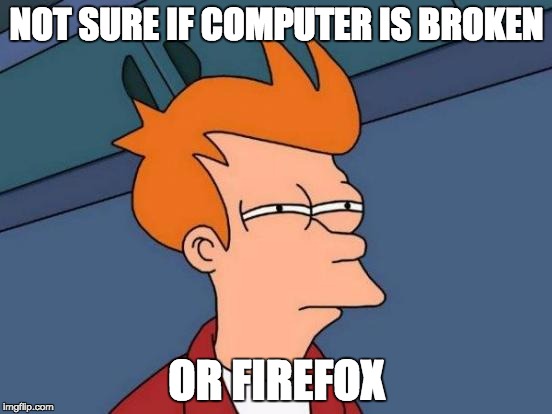 Futurama Fry Meme | NOT SURE IF COMPUTER IS BROKEN; OR FIREFOX | image tagged in memes,futurama fry | made w/ Imgflip meme maker