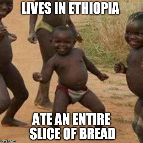 Third World Success Kid | LIVES IN ETHIOPIA; ATE AN ENTIRE SLICE OF BREAD | image tagged in memes,third world success kid | made w/ Imgflip meme maker