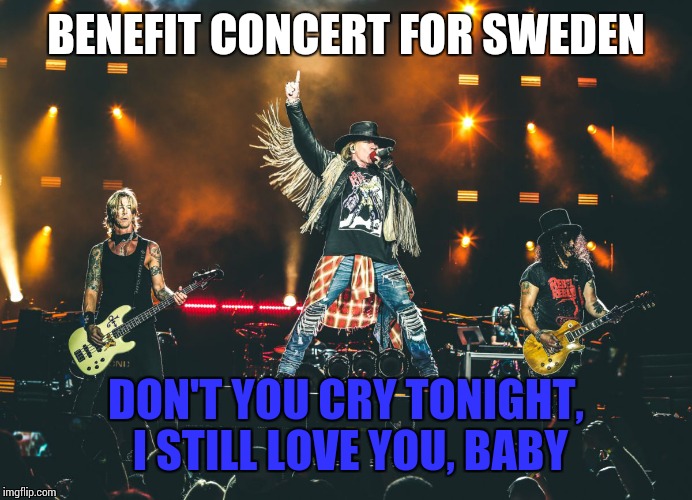 Use Your Illusion | BENEFIT CONCERT FOR SWEDEN; DON'T YOU CRY TONIGHT, I STILL LOVE YOU, BABY | image tagged in memes,swedish massacre,alternative facts,guns n roses | made w/ Imgflip meme maker