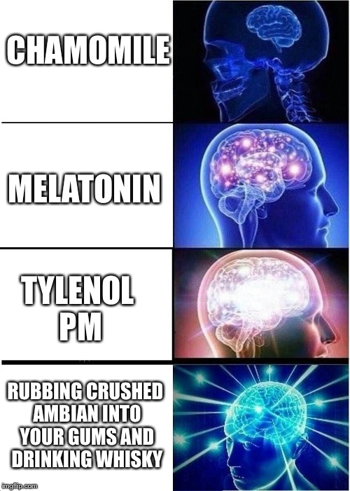 Expanding Brain Meme | CHAMOMILE; MELATONIN; TYLENOL PM; RUBBING CRUSHED AMBIAN INTO YOUR GUMS AND DRINKING WHISKY | image tagged in expanding brain | made w/ Imgflip meme maker