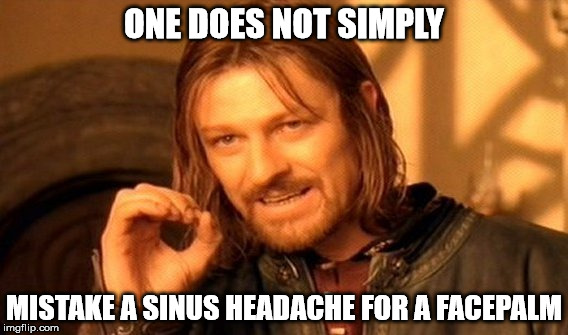One Does Not Simply Meme | ONE DOES NOT SIMPLY MISTAKE A SINUS HEADACHE FOR A FACEPALM | image tagged in memes,one does not simply | made w/ Imgflip meme maker