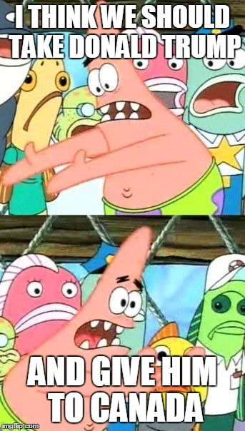Put It Somewhere Else Patrick Meme | I THINK WE SHOULD TAKE DONALD TRUMP; AND GIVE HIM TO CANADA | image tagged in memes,put it somewhere else patrick | made w/ Imgflip meme maker