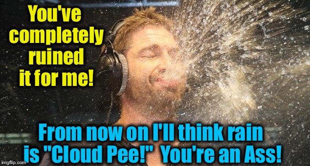 You've completely ruined it for me! From now on I'll think rain is "Cloud Pee!"  You're an Ass! | made w/ Imgflip meme maker