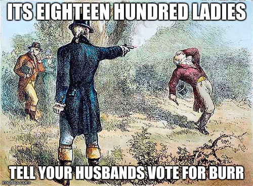 Burr vs. Hamilton | ITS EIGHTEEN HUNDRED LADIES; TELL YOUR HUSBANDS VOTE FOR BURR | image tagged in burr vs hamilton | made w/ Imgflip meme maker