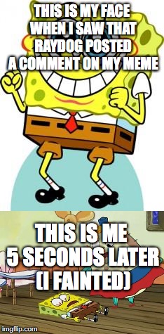 ray dog noticed me!!!!! | THIS IS MY FACE WHEN I SAW THAT RAYDOG POSTED A COMMENT ON MY MEME; THIS IS ME 5 SECONDS LATER (I FAINTED) | image tagged in spongebob | made w/ Imgflip meme maker