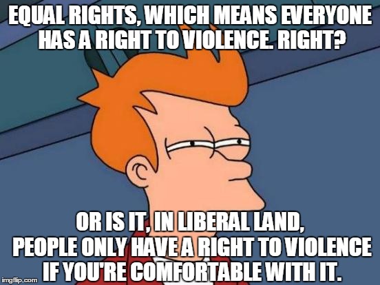 Futurama Fry Meme | EQUAL RIGHTS, WHICH MEANS EVERYONE HAS A RIGHT TO VIOLENCE. RIGHT? OR IS IT, IN LIBERAL LAND, PEOPLE ONLY HAVE A RIGHT TO VIOLENCE IF YOU'RE | image tagged in memes,futurama fry | made w/ Imgflip meme maker