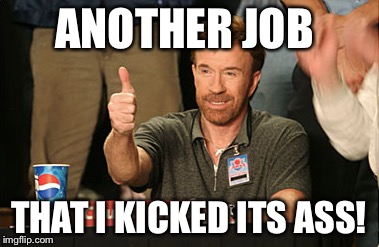 Chuck Norris Approves | ANOTHER JOB; THAT I KICKED ITS ASS! | image tagged in memes,chuck norris approves,chuck norris | made w/ Imgflip meme maker