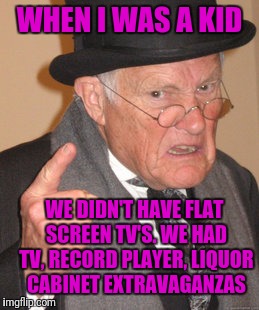 Back In My Day Meme | WHEN I WAS A KID; WE DIDN'T HAVE FLAT SCREEN TV'S. WE HAD TV, RECORD PLAYER, LIQUOR CABINET EXTRAVAGANZAS | image tagged in memes,back in my day | made w/ Imgflip meme maker