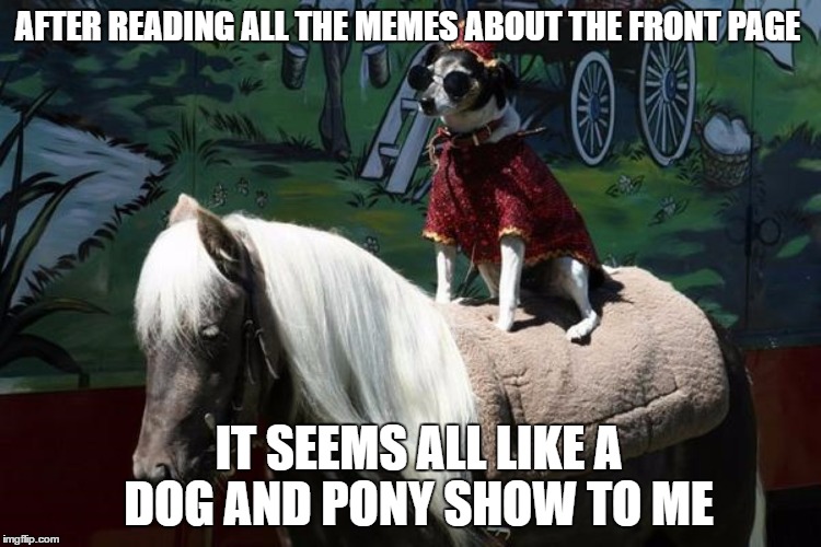Dog and pony show | AFTER READING ALL THE MEMES ABOUT THE FRONT PAGE; IT SEEMS ALL LIKE A DOG AND PONY SHOW TO ME | image tagged in dog,pony,show,memes | made w/ Imgflip meme maker