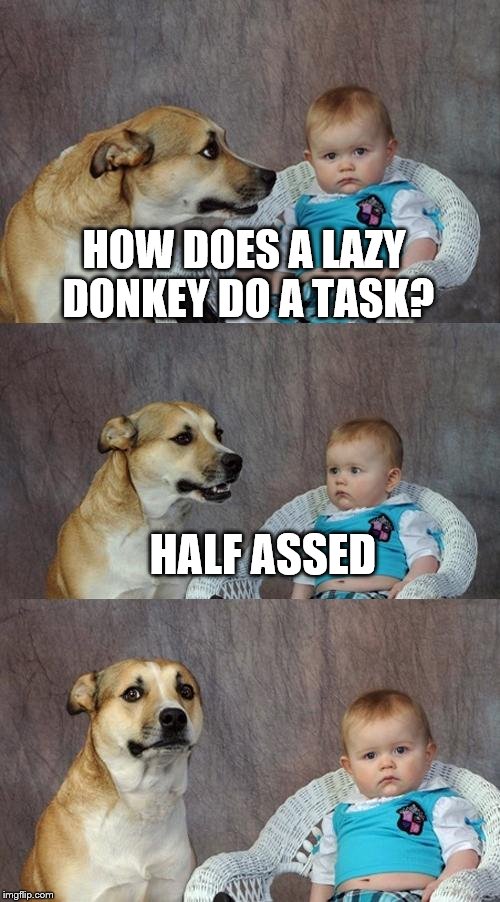 Dad Joke Dog | HOW DOES A LAZY DONKEY DO A TASK? HALF ASSED | image tagged in memes,dad joke dog | made w/ Imgflip meme maker