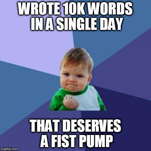 Success Kid Meme | WROTE 10K WORDS IN A SINGLE DAY; THAT DESERVES A FIST PUMP | image tagged in memes,success kid | made w/ Imgflip meme maker