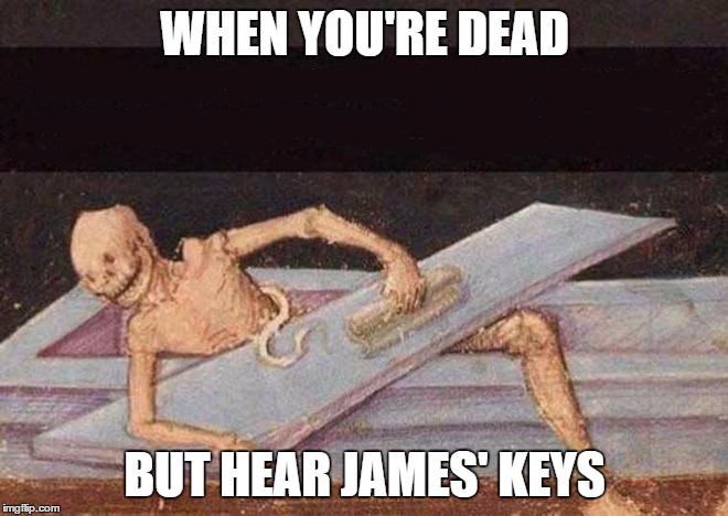 Skeleton Coming Out Of Coffin | WHEN YOU'RE DEAD; BUT HEAR JAMES' KEYS | image tagged in skeleton coming out of coffin | made w/ Imgflip meme maker