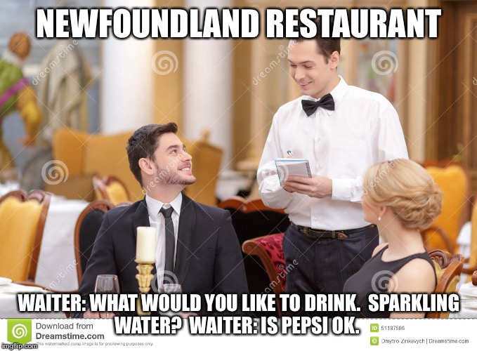 Couple in restaurant  | NEWFOUNDLAND RESTAURANT; WAITER: WHAT WOULD YOU LIKE TO DRINK.

SPARKLING WATER?

WAITER: IS PEPSI OK. | image tagged in couple in restaurant | made w/ Imgflip meme maker