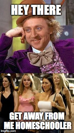 socially awkward=homeschooler | HEY THERE; GET AWAY FROM ME HOMESCHOOLER | image tagged in homeschool,creepy condescending wonka,memes,flirting,socially awkward | made w/ Imgflip meme maker