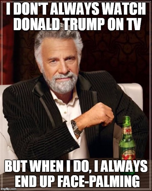 Interesting man watching Trump on TV | I DON'T ALWAYS WATCH DONALD TRUMP ON TV; BUT WHEN I DO, I ALWAYS END UP FACE-PALMING | image tagged in memes,the most interesting man in the world,donald trump | made w/ Imgflip meme maker