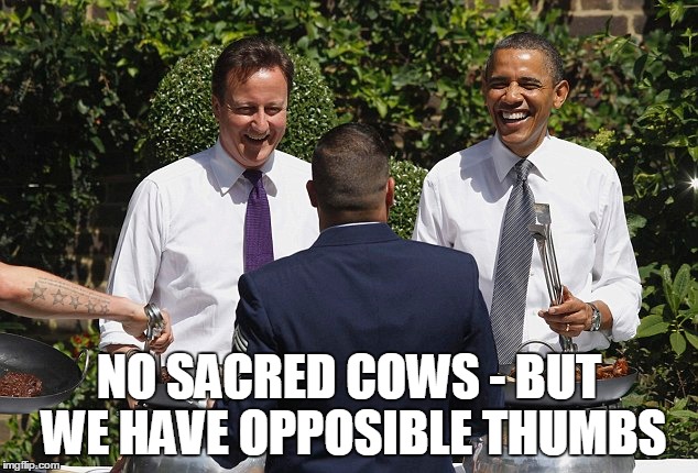 NO SACRED COWS - BUT WE HAVE OPPOSIBLE THUMBS | made w/ Imgflip meme maker