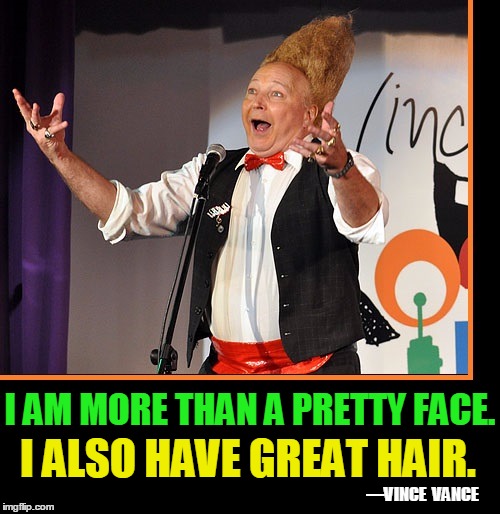 I'm Not Laughing at You... well, Maybe I Am | I AM MORE THAN A PRETTY FACE. I ALSO HAVE GREAT HAIR. ―VINCE  VANCE | image tagged in vince vance,komedy klub,guy with big hair,tall hair | made w/ Imgflip meme maker