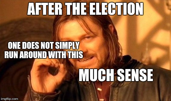 One Does Not Simply Meme | AFTER THE ELECTION; ONE DOES NOT SIMPLY RUN AROUND WITH THIS; MUCH SENSE | image tagged in memes,one does not simply | made w/ Imgflip meme maker