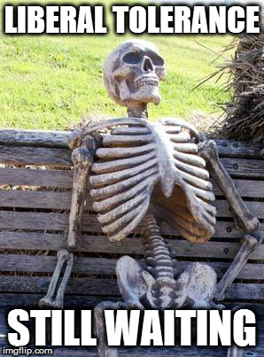 Waiting Skeleton | LIBERAL TOLERANCE; STILL WAITING | image tagged in memes,waiting skeleton | made w/ Imgflip meme maker