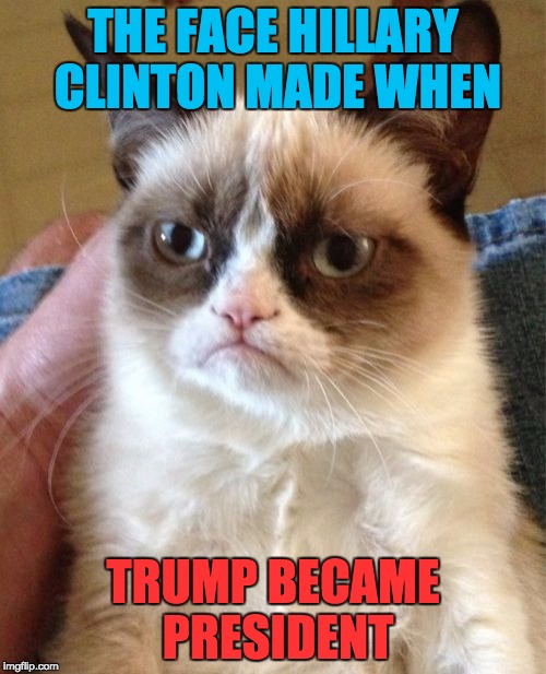 yeah hillary was really grumpy | THE FACE HILLARY CLINTON MADE WHEN; TRUMP BECAME PRESIDENT | image tagged in memes,grumpy cat,2grumpy4u | made w/ Imgflip meme maker