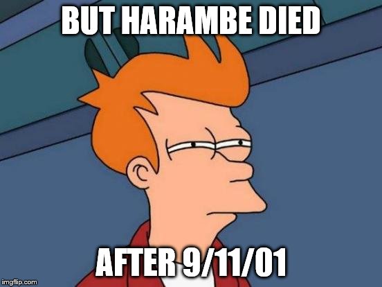 Futurama Fry Meme | BUT HARAMBE DIED AFTER 9/11/01 | image tagged in memes,futurama fry | made w/ Imgflip meme maker