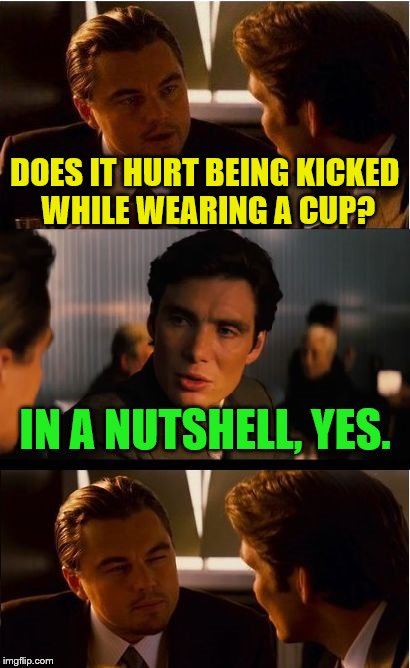 Inception Meme | DOES IT HURT BEING KICKED WHILE WEARING A CUP? IN A NUTSHELL, YES. | image tagged in memes,inception | made w/ Imgflip meme maker