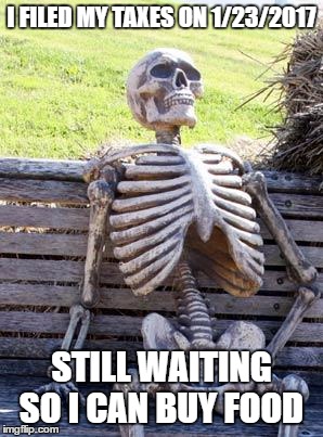 Waiting Skeleton | I FILED MY TAXES ON 1/23/2017; STILL WAITING SO I CAN BUY FOOD | image tagged in memes,waiting skeleton,taxes,irs,path act | made w/ Imgflip meme maker