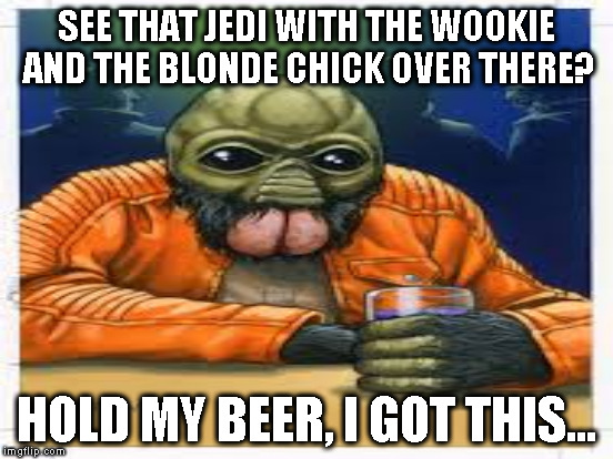 SEE THAT JEDI WITH THE WOOKIE AND THE BLONDE CHICK OVER THERE? HOLD MY BEER, I GOT THIS... | made w/ Imgflip meme maker