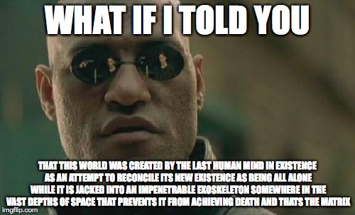 Matrix Morpheus Meme | WHAT IF I TOLD YOU; THAT THIS WORLD WAS CREATED BY THE LAST HUMAN MIND IN EXISTENCE AS AN ATTEMPT TO RECONCILE ITS NEW EXISTENCE AS BEING ALL ALONE WHILE IT IS JACKED INTO AN IMPENETRABLE EXOSKELETON SOMEWHERE IN THE VAST DEPTHS OF SPACE THAT PREVENTS IT FROM ACHIEVING DEATH AND THATS THE MATRIX | image tagged in memes,matrix morpheus | made w/ Imgflip meme maker