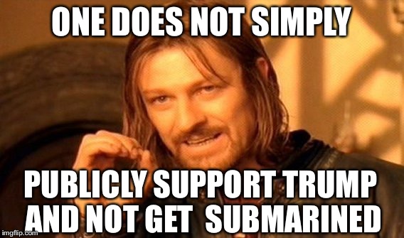 One Does Not Simply Meme | ONE DOES NOT SIMPLY PUBLICLY SUPPORT TRUMP AND NOT GET  SUBMARINED | image tagged in memes,one does not simply | made w/ Imgflip meme maker