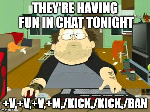THEY'RE HAVING FUN IN CHAT TONIGHT; +V,+V,+V,+M,/KICK,/KICK,/BAN | made w/ Imgflip meme maker
