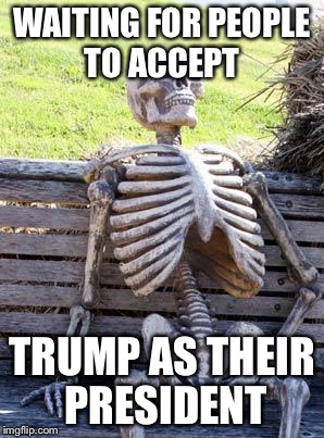 Waiting Skeleton | WAITING FOR PEOPLE TO ACCEPT; TRUMP AS THEIR PRESIDENT | image tagged in memes,waiting skeleton | made w/ Imgflip meme maker