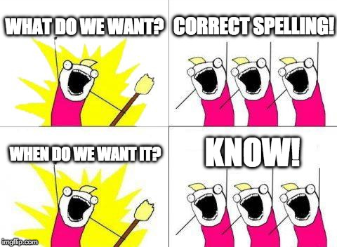 What Do We Want | WHAT DO WE WANT? CORRECT SPELLING! KNOW! WHEN DO WE WANT IT? | image tagged in memes,what do we want | made w/ Imgflip meme maker