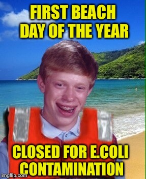 FIRST BEACH DAY OF THE YEAR; CLOSED FOR E.COLI CONTAMINATION | image tagged in memes,bad luck brian,5 seconds of summer,2017 | made w/ Imgflip meme maker