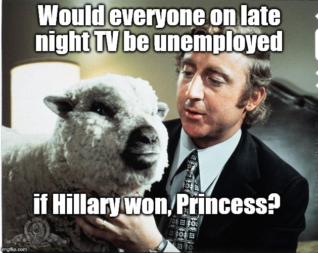 Baaa | Would everyone on late night TV be unemployed if Hillary won, Princess? | image tagged in baaa | made w/ Imgflip meme maker