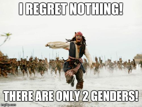 Jack Sparrow Being Chased | I REGRET NOTHING! THERE ARE ONLY 2 GENDERS! | image tagged in memes,jack sparrow being chased | made w/ Imgflip meme maker