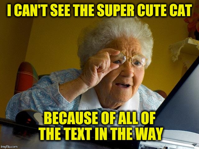Grandma Finds The Internet Meme | I CAN'T SEE THE SUPER CUTE CAT BECAUSE OF ALL OF THE TEXT IN THE WAY | image tagged in memes,grandma finds the internet | made w/ Imgflip meme maker