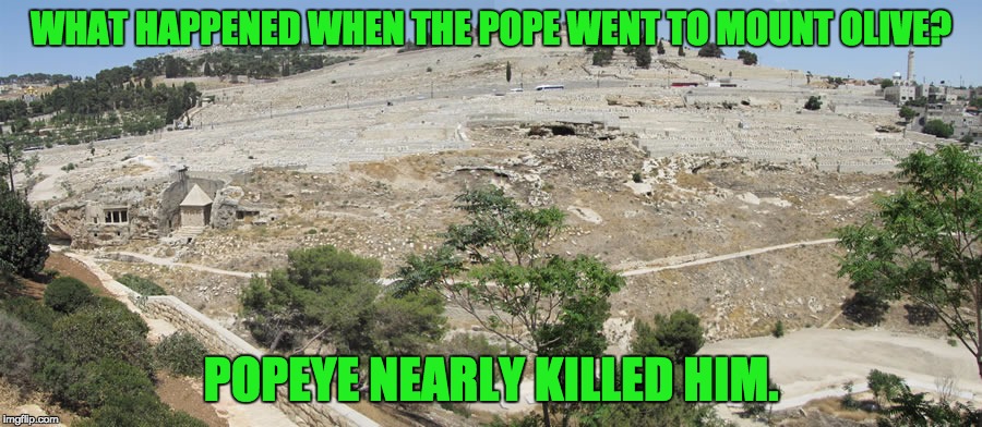 Well blow me down... | WHAT HAPPENED WHEN THE POPE WENT TO MOUNT OLIVE? POPEYE NEARLY KILLED HIM. | image tagged in popeye | made w/ Imgflip meme maker