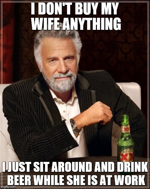 I DON'T BUY MY WIFE ANYTHING I JUST SIT AROUND AND DRINK BEER WHILE SHE IS AT WORK | image tagged in memes,the most interesting man in the world | made w/ Imgflip meme maker