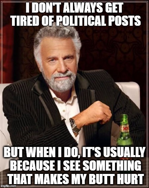 The Most Interesting Man In The World | I DON'T ALWAYS GET TIRED OF POLITICAL POSTS; BUT WHEN I DO, IT'S USUALLY BECAUSE I SEE SOMETHING THAT MAKES MY BUTT HURT | image tagged in memes,the most interesting man in the world | made w/ Imgflip meme maker