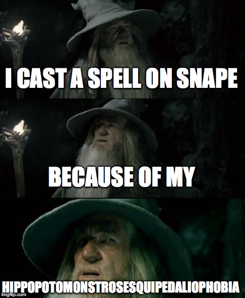 Confused Gandalf | I CAST A SPELL ON SNAPE; BECAUSE OF MY; HIPPOPOTOMONSTROSESQUIPEDALIOPHOBIA | image tagged in memes,confused gandalf | made w/ Imgflip meme maker