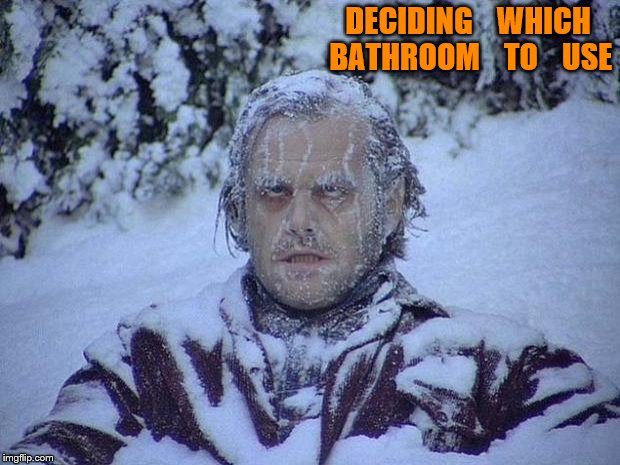 Jack Nicholson The Shining Snow | DECIDING    WHICH   BATHROOM    TO    USE | image tagged in memes,jack nicholson the shining snow | made w/ Imgflip meme maker