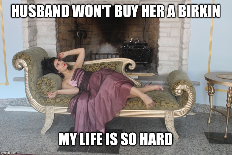 1% girl | HUSBAND WON'T BUY HER A BIRKIN; MY LIFE IS SO HARD | image tagged in 1 girl | made w/ Imgflip meme maker